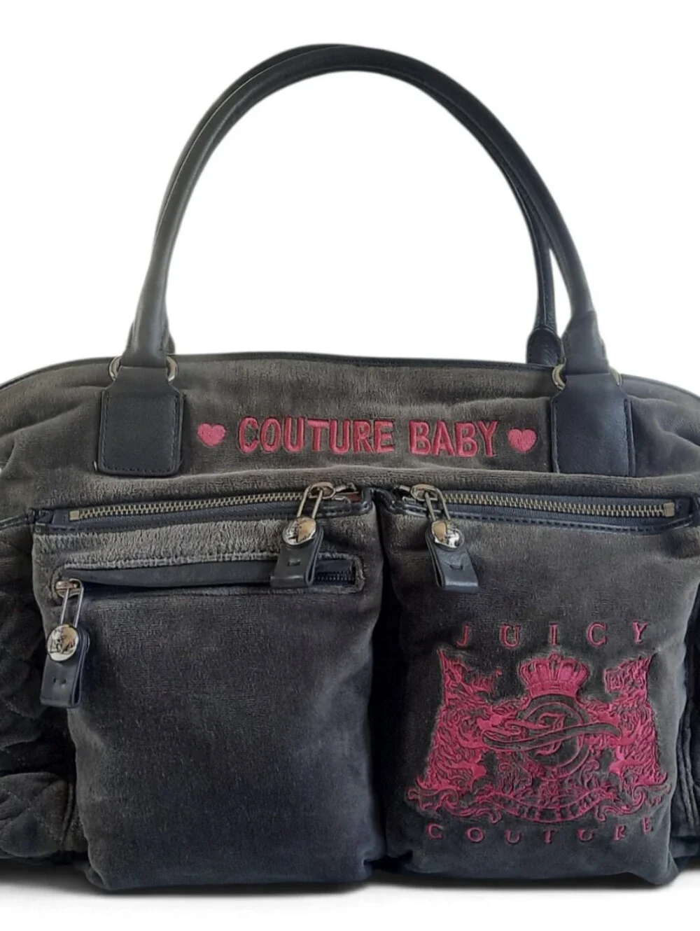JUICY COUTURE Baby Bag Weekender Terry Velour Bib Duffle Crossbody Gray Pink Y2K